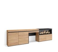 Tocador Skraut Home con cajón, 284x35x75cm, Chimenea eléctrica XXL, Módulo una puerta, Cajonera de cuatro cajones Oak