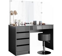 Tocador Vicco Sherry Antracita 120 cm con espejo, guirnalda LED y taburete, Model 36887