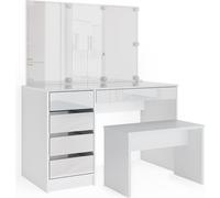 Tocador Vicco Sherry Blanco 120 cm con espejo, guirnalda LED y banco, Model 33952