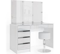 Tocador Vicco Sherry Blanco 120 cm con espejo, guirnalda LED y taburete, Model 33954