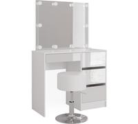 Tocador Vicco Sherry Blanco 90 cm con espejo, guirnalda LED y taburete, Model 39578
