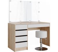 Tocador Vicco Sherry Blanco/Sonoma 120 cm con espejo, guirnalda LED y taburete, Model 36881