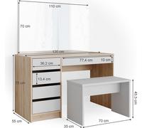 Tocador Vicco Sherry Blanco/Sonoma 120 cm con espejo y banco, Model 36882