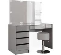 Tocador Vicco Sherry Gris 120 cm con espejo, guirnalda LED y taburete, Model 38786