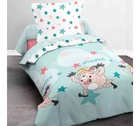 TODAY 013058 Happy Girl Monster Dreams - Juego de Cama (Funda de edredón/Funda de Almohada algodón Azul Cielo/Rosa 140 x 200 cm