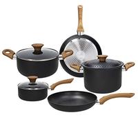 Tognana Rock In Wood - Batería de cocina y sartenes, juego de 2 sartenes, 2 cacerolas, 1 pasta, 2 tapas transparentes, 1 tapa con agujeros, 8 piezas, aluminio, negro