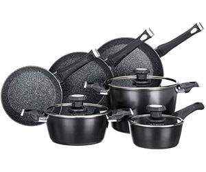 Tognana Sphera - Batería de cocina y sartenes, juego de 3 sartenes, 2 cacerolas, 1 cacerola, 3 tapas de cristal, 9 piezas, aluminio, negro