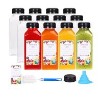 Toheitian 12 de Jugo de Plástico de 12 Oz con Tapas una Prueba de Manipulación, Recipientes de Jugo Transparentes Reutilizables con Etiquetas, Embudo y Cepillo