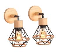 TOKIUS 2 Piezas Apliques de Pared Interior en Madera y Metal E27 Vintage Lámpara de Pared Negro 16cm Jaula con Cuerda de Cáñamo Ajustable Lámpara de Techo para Pasillo Escalera Dormitorio Salón Café