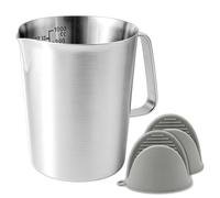 TOKSEO Jarra medidora, jarra medidora de 1 l, jarra de leche de acero | Acero inoxidable 304 | con mango y 2 pinzas de protección contra el calor | con escala fina | para cocina, bar, cafetería