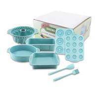 TOKSEO Juego de moldes de silicona antiadherentes 8 en 1, moldes para magdalenas de silicona, rectangular/cuadrados/redondos/redondos/rosquillas, con espátula y pincel para hornear pizza, pan