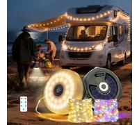 Tolesum Guirnalda Luces Exterior 10M, Lámpara Camping Solar y USB-C 2000mAh con Mando a Distancia, 5 Modos, Imán, Gancho, Tira LED IP44 Impermeable para Tienda de Campaña, Jardín, Blanco Cálido
