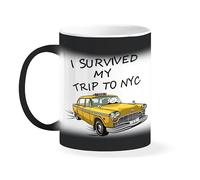 Tom Survived NYC Trip Yellow Spider Taxi Retro Action Adventure Fan Gift Cool Nostalgic Design Taza mágica negra termosensible