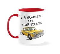 Tom Survived NYC Trip Yellow Spider Taxi Retro Action Adventure Fan Gift Cool Nostalgic Design Taza blanca con borde y asa rojos