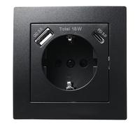 Toma con 1x USB-C - Carga rápida de 18W + 1x USB-A | ESTILO | 250V~/16A, toma de pared de empotrar con protección de enchufe negro mate