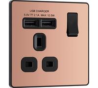 Toma de corriente BG Electrical Evolve con un solo conmutador y 2 puertos de carga USB (2,1 A), 13 A, cobre pulido,PCDCP21U2B
