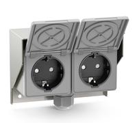 ledscom.de Toma de corriente para exteriores y ambientes húmedos PIWI, montaje en superficie, IP44, doble toma Schuko, 16 A/230 V, acero inoxidable, plástico, horizontal