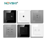 Toma de pared con panel de cristal novski con CAT6 RJ45, toma de datos para ordenador de Internet, toma de corriente débil para TV tel TV grey