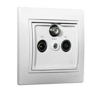 Toma final para TV, satélite y radio en color blanco, serie europea; ideal para instalaciones de señal y conexiones multimedia.