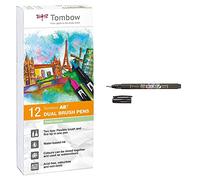 Tombow Abt-12P-2 Fiber Pen Dual Brush Pen Con Dos Puntas Juego De 12 Colores Pastel + Ws-Bs Fudenosuke Pluma Escobilla, Punta Blanda, Tinta Negra