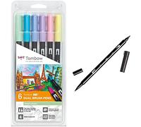 Tombow Set De 6 Rotuladores Dual Brush Colores Pastel + DUAL BRUSH N25 Rotulador doble punta pincel, Color negro