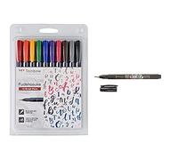 Tombow WS-BH-10P Rotulador (Fino/Medio, 10 Colores, Negro, Azul, Verde, Gris, Naranja, Rosa, Amarillo, Bullet tip & Brush tip, Alrededor) + WS-BS Fudenosuke Pluma escobilla, punta blanda, tinta negra