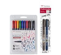 Tombow WS-BH-10P - Rotulador (Fino/Medio, 10) + WS-BHS-2P Fudenosuke - Bolígrafo de punta dura y suave, color negro