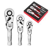 TOMMARS Flex-Head - Juego de trinquetes gruesos, 1/4, 3/8, 1/2 pulgadas, llave flexible de mango de trinquete pequeño, 72 dientes, reversible, liberación rápida