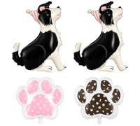 TONIFUL Decoraciones de cumpleaños para perros, paquete de 4 globos de papel de aluminio con estampado de huellas de perro pastor alemán negro y rosa para fiestas temáticas de perros, celebración de