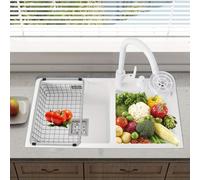 TOOL1SHOOO: Fregadero de cocina grande con doble cuba, fabricado en acero inoxidable 304, con grifo, juego de dos cubas, cestillo de desagüe y dispensador de jabón para manos. Se puede instalar tanto