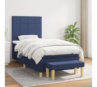 toolkix Cama con somier azul de 100 x 200 cm, tejido con colchón, cabecero de altura regulable, núcleo de muelles ensacados, colchón, banco de cama para dormitorio y habitación juvenil