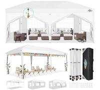 TOOLUCK Cenador Plegable 3 x 6, Resistente al Agua, Estable, Resistente al Invierno, Plegable, con 6 Paneles Laterales, protección UV, 50 + Altura Ajustable, para Playa, Boda, Camping, Color Blanco