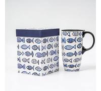 Topadorn Vaso de viaje cerámico alto diseño dibujos de peces azules estilo marítimo sobre fondo blanco, 500ml con asa negra, tapa anti-derrames y caja de regalo para café, leche e infusiones en hogar