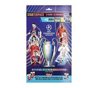 Topps UEFA Champions League Sticker 24/25 Starter Pack contiene un álbum de pegatinas de 80 páginas y 3 paquetes (18 pegatinas), incluyendo un adhesivo extra brillante en el interior