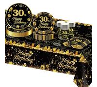 TOPWAYS Decoradas 30 Años Hombre Mujer, Oro Negro Papel Platos Tazas Mantel Servilletas para Fiesta Decoración 30 Cumpleaños Mujer Hombre, 16 invitados (Cumpleaños30)
