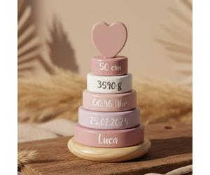 Torre de apilamiento personalizada para nacimiento con datos de nacimiento – Rosa con corazón – Sin personalización