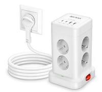 Torre multitoma con 8 salidas AC y 4 puertos USB, toma plana con interruptor individual, adaptador de corriente 3680 W con interruptor y extensor de 2 M, enchufe múltiple adecuado para oficina y hogar