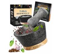 Tortillada - Juego de mortero y maja de 16cm, grande, hecho de granito natural con base de madera antirayaduras, molinillo de hierbas y especias de granito con 50 recetas, color negro