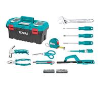 TOTAL - Caja de Herramientas Completa 32 Piezas - Alicate, Llave, Destornillador y Martillo con Sacaclavos - Flexómetro, Puntas y Arco de Sierra - Tester de Voltaje - Maletín 17”