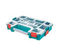 Total - Caja Organizadora de Plástico Apilable - Con Asa y Tapa Transparente - Divisiones Combinables - Esquinas Redondas - 370mm x 290mm x 65mm - Azul