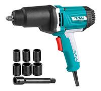 TOTAL - Llave de Impacto a Cable de 550 Nm - Pistola Neumática Eléctrica - Carcasa de Aluminio con Protector de Goma - Incluye un Adaptador y 6 Llaves de Vaso