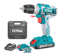TOTAL - Taladro Atornillador a Batería P20S de 20V - Portabrocas Automático hasta 10 mm - 15 posiciones de apriete y una de taladro - 2 Velocidades y Luz LED - Con 2 Baterías 2 Ah, Cargador, Maletín