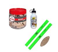 TOX Set con galletas madera Biscuit Wood P20 de haya (60 uds), 2 lápices carpintero neón verde, 1 cola madera, kit uniones estables para madera, 015909007