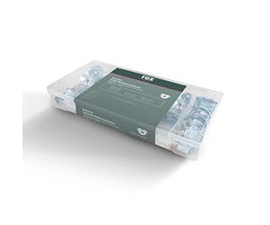 TOX Surtido de abrazaderas de acero galvanizado para conexión con racores, tornillo de cabeza hexagonal con escotadura en cruz, 6 tamaños en caja de transparente, ⌀ 10-40 mm, 26 piezas, 09490208
