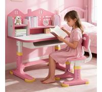 toxaaiwr Juego de escritorio y silla para niños, altura ajustable, juego de sillas de estudio escolar con escritorio ampliado, soporte para libros y cajón de almacenamiento, mesa de escritorio para