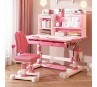 toxaaiwr Juego de mesa y silla de estudio para niños, escritorio de altura ajustable para niños, juego de sillas de mesa de estudio escolar con escritorio ampliado, soporte para libros y cajón de