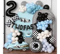 Toyssa 180 Globos para Coche de Carreras, Decoración Azul y Negro, Guirnalda 3D para Coches de Carreras, Globos de Neumáticos, Globos de Bandera, Decoración para Cumpleaños de Niños