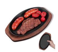 Toyvian Sartén Parrilla de Hierro Fundido con Base de Madera Placa para Asar Carne y Pescado Plancha Teppanyaki para Hogar y Cocina