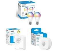 TP-Link Paquete de Tapo L530E 2-Pack| Bombilla LED inteligente Wi-Fi| multicolor Tapo T100| Detector de Movimiento WiFi + Tapo H100| Hub inteligente