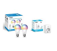 TP-Link Tapo L530E 2-Pack - Bombilla LED inteligente Wi-Fi, multicolor, regulable, E27, 8.7 W 806 lm, compatible con Alexa y Google Home & TAPO P100 - Mini Enchufe Inteligente Wi-Fi, óptimo，Blanco
